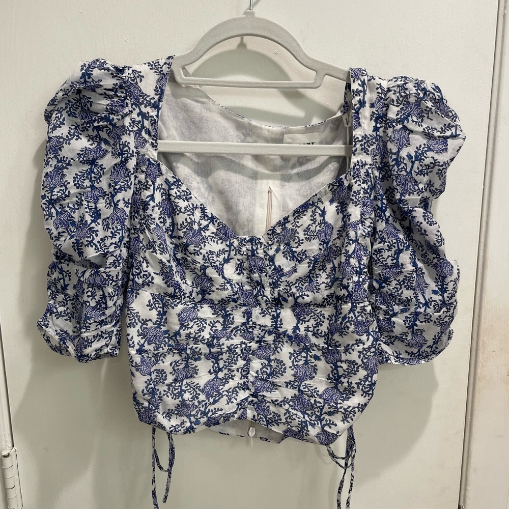 Isabel Marant Étoile Galaor Floral Puff Sleeve Crop Top Blue White Size 36 NWT